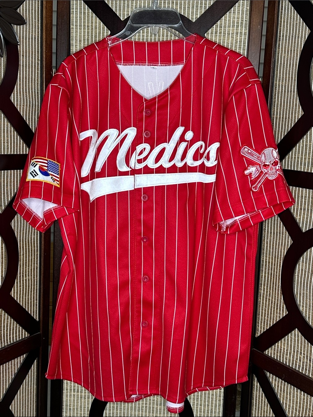 Custom Red & White Pinstripe "Medics" Baseball Jersey Size Large
